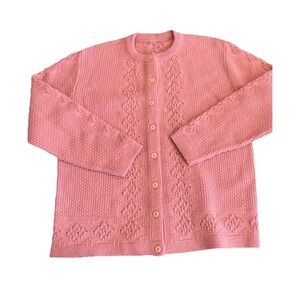 VTG Wool Cardigan Sweater Granny Cottagecore Grandma Pink‎ 70s Pointelle Large